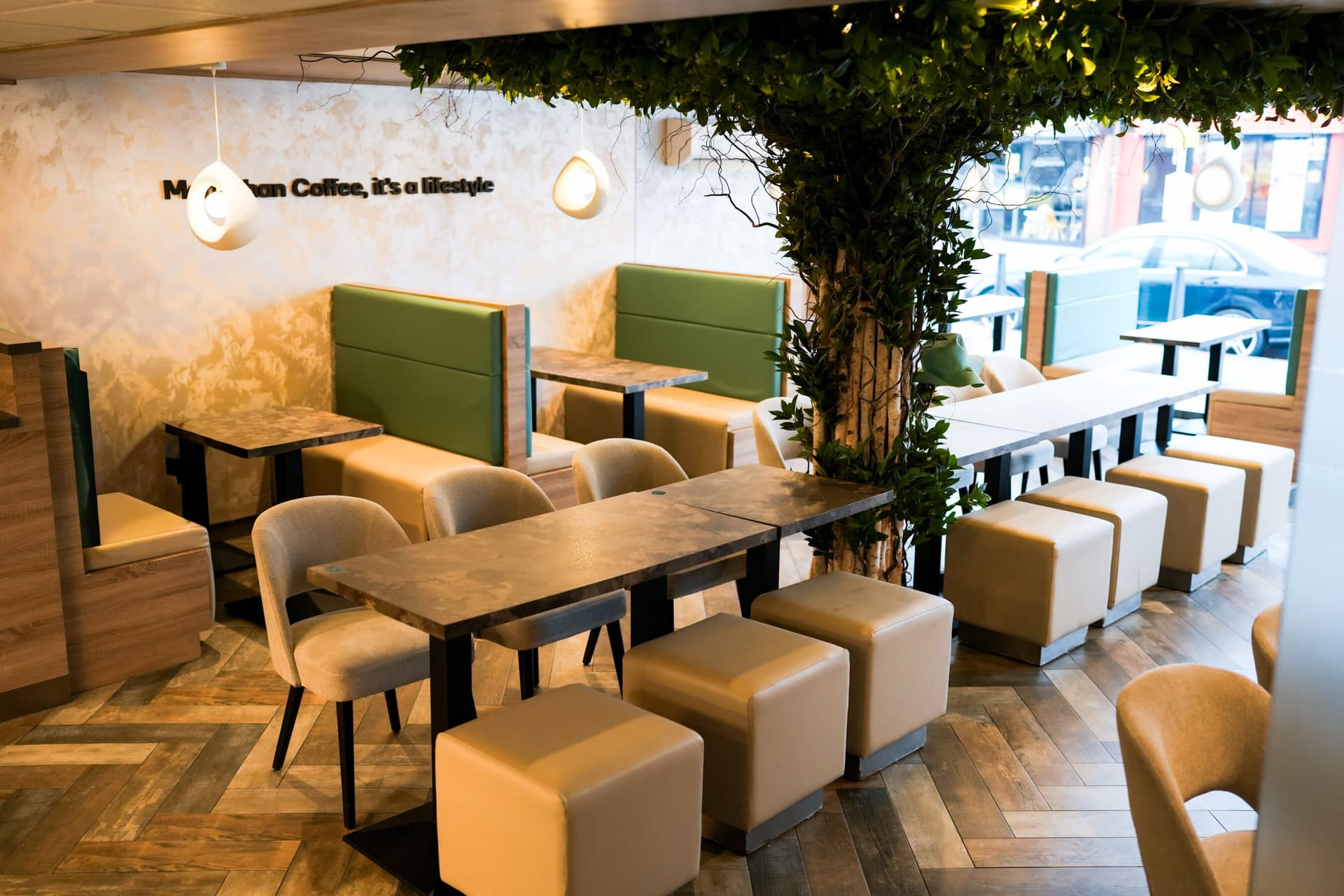 TOVE architectural coffee interior sanctuary with wood slatted canopy